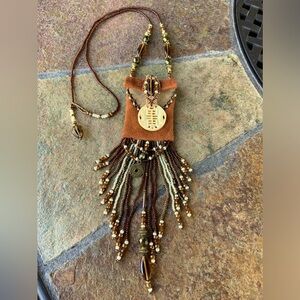Native American Deerskin Leather Bead & Ivory  Fringed Pouch Bag Necklace